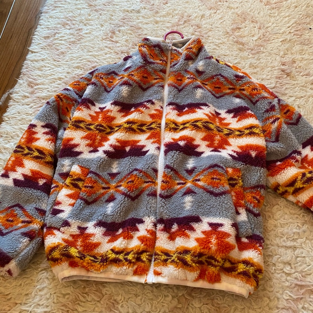 Multicolor pattern teddy zip up jacket